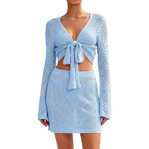 Saodimallsu المرأة الكروشيه السباحة التستر 2 قطعة الخامس الرقبة طويلة الأكمام التفاف التعادل المحاصيل القمم شاطئ بوهو ماكسي التستر مجموعة in Kuwait