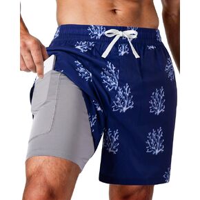 شورت سباحة للرجال، 2 في 1 شورت سباحة، شورت شاطئ سريع الجفاف مع جيوب وبطانة ضاغطة، ملابس سباحة in Kuwait