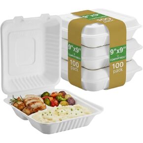 9" x 9" 3-Compartment Bagasse Hinged Food Containers – 100 Pack, PFAS-Free Compostable Clamshell Takeout Boxes | Heavy-Duty, Leak-Resistant, Microwave Safe for Restaurants & Meal Prep in Saudi Arabia
