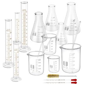 FOUR E'S SCIENTIFIC Glass Beaker Set 50/100/250/500 ml, Glass Flask 50/100/150/250 ml, Graduated Cylinder 10/25/50/100ml, 1 Brush, 2 Droppers, and 4 Stirring Rods in Saudi Arabia