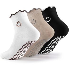 Cute Pilates Socks for Women: Smile Embroidered Ruffle Cotton Grip for Barre Yoga Workout Size 5-9 (3 Pack) in Kuwait