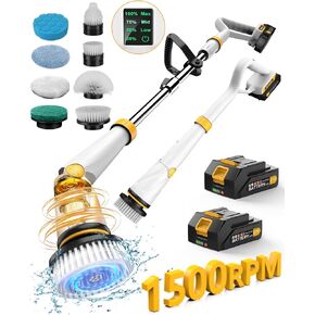 جهاز تنظيف كهربائي دوار من كيميدو مع بطاريتين Q2 Pro، جهاز تنظيف كهربائي عالي الطاقة بقوة 1500 دورة في الدقيقة للتنظيف، فرشاة تنظيف لاسلكية مع شاشة عرض للحوض/البلاط/الأرضية (مقبض بدون جهد/8 فرش) in Kuwait