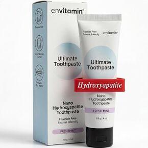 envitamin Fluoride Free Nano Hydroxyapatite Ultimate Toothpaste for Remineralizing Enamel & Sensitive Relief, Whitening, Antiplaque, SLS Free, Fresh Mint, 4 oz (1 Tube, Fresh Mint) in Kuwait