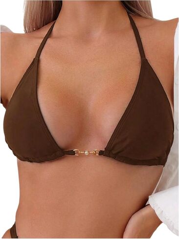 Shenhe Women's Triangle Halter Bikini Swimsuit Top Tie Back Bated String Solid Beach Wathing Suit Top in Kuwait
