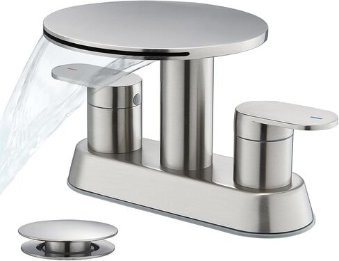 Waterfall Bathroom Sink Faucet 3 Hole Brushed Nickel，Modern 2 Handle Vanity Faucet for Bathroom Sink 4 inch Centerset with Round Shelf & Metal Pop-Up Drain in Saudi Arabia