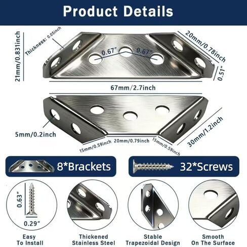 40 قطعة من دعامات الزوايا المصنوعة من الفولاذ المقاوم للصدأ شديدة التحمل مع مجموعة براغي، دعامة مثلثة عالمية على شكل حرف L، فضي in Kuwait