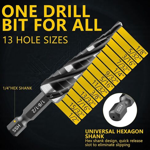 أربعة لقم مثقاب فلوت حلزوني، لقم ثقب خطوة HSS (1/8 بوصة - 1/2 بوصة) لقمة مثقاب أحادية الخطوة، 1/4 بوصة لقم خطوة شانك للألمنيوم والمعادن والخشب والبلاستيك in Kuwait