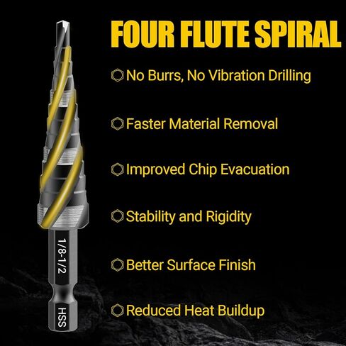 أربعة لقم مثقاب فلوت حلزوني، لقم ثقب خطوة HSS (1/8 بوصة - 1/2 بوصة) لقمة مثقاب أحادية الخطوة، 1/4 بوصة لقم خطوة شانك للألمنيوم والمعادن والخشب والبلاستيك in Kuwait