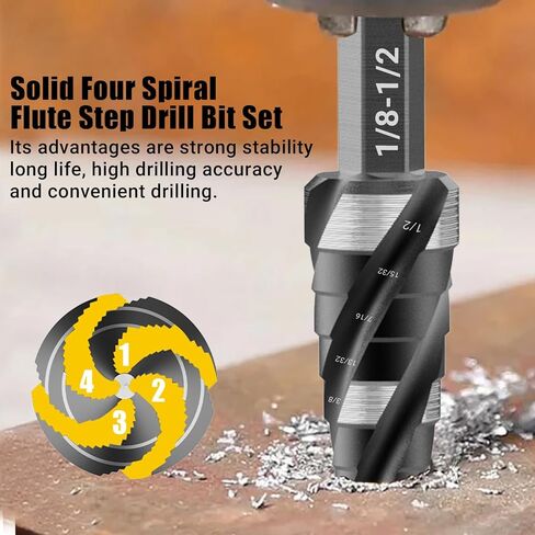 أربعة لقم مثقاب فلوت حلزوني، لقم ثقب خطوة HSS (1/8 بوصة - 1/2 بوصة) لقمة مثقاب أحادية الخطوة، 1/4 بوصة لقم خطوة شانك للألمنيوم والمعادن والخشب والبلاستيك in Kuwait