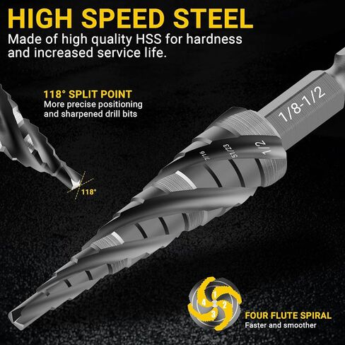 أربعة لقم مثقاب فلوت حلزوني، لقم ثقب خطوة HSS (1/8 بوصة - 1/2 بوصة) لقمة مثقاب أحادية الخطوة، 1/4 بوصة لقم خطوة شانك للألمنيوم والمعادن والخشب والبلاستيك in Kuwait