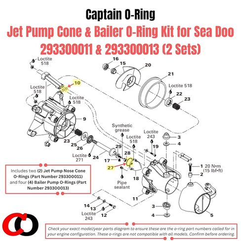 Captain O-Ring - مخروط مضخة نفاثة ومجموعة حلقة O-Ring لـ Sea Doo 293300011 و293300013 (مجموعتان) in Saudi Arabia