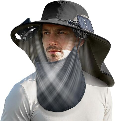 Solar Fan Hat Wide Brim Hat with Fan Breathable Neck Flap 3-Speed Ultralight Sun Hat USB Solar Charging for Fishing,Hiking in Kuwait