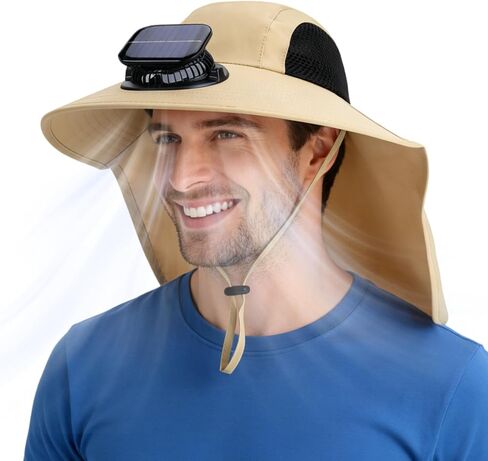 Solar Fan Hat Wide Brim Hat with Fan Sunscreene Neck Flap 3-Speed Outdoor Sun Hat for Fishing,Hiking,USB Solar Charging in Kuwait