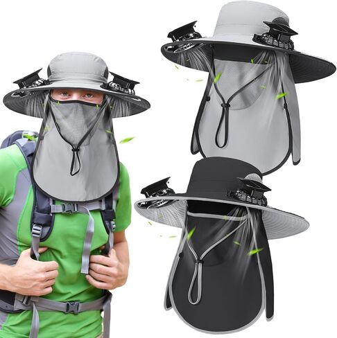 Glitopper 2 Pcs Solar Fan Sun Hats with Solar Power Fans Built in Removable Face Cover Cooling Fishing Buckets for Men Women in Saudi Arabia