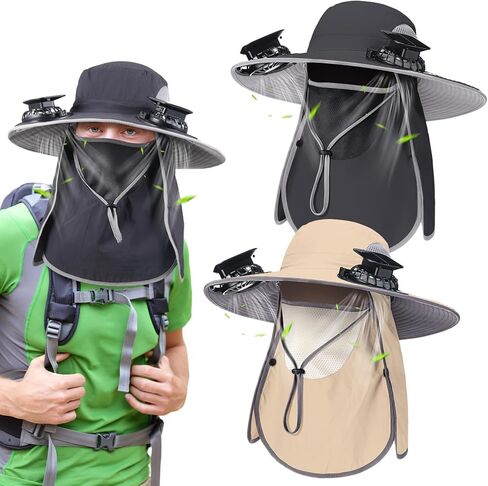 Glitopper 2 Pcs Solar Fan Sun Hats with Solar Power Fans Built in Removable Face Cover Cooling Fishing Buckets for Men Women in Saudi Arabia