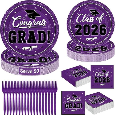 QZYL 200Pcs Graduation Party Supplies 2026, Black and Gold Graduation Plates and Napkins, Disposable Grad Dessert Plates and Plastic Forks, Graduation Party Tableware for 50 Guests in Saudi Arabia