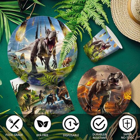 207 قطعة من أطباق زينة حفلات الديناصورات والمناديل ومستلزمات أعياد الميلاد من دينو وورلد تتضمن مجموعة أدوات المائدة أطباق ومناديل وأكواب وأدوات مائدة وبالون ولافتة ودوامة معلقة ومفرش طاولة لديكور الحفلات يخدم 24 شخصًا in Kuwait