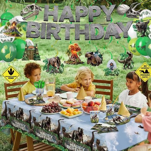 207 قطعة من أطباق زينة حفلات الديناصورات والمناديل ومستلزمات أعياد الميلاد من دينو وورلد تتضمن مجموعة أدوات المائدة أطباق ومناديل وأكواب وأدوات مائدة وبالون ولافتة ودوامة معلقة ومفرش طاولة لديكور الحفلات يخدم 24 شخصًا in Kuwait