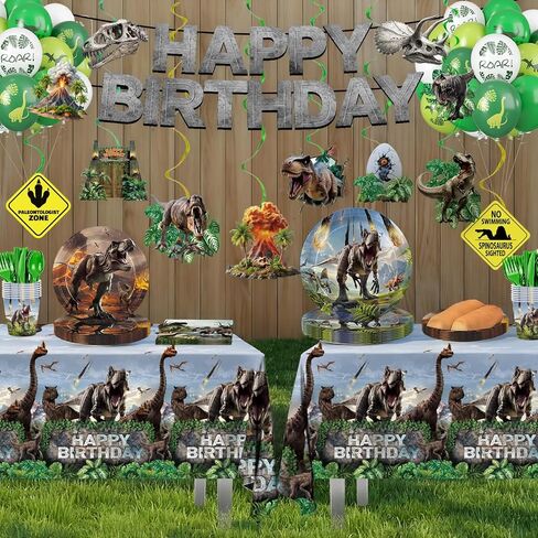 207 قطعة من أطباق زينة حفلات الديناصورات والمناديل ومستلزمات أعياد الميلاد من دينو وورلد تتضمن مجموعة أدوات المائدة أطباق ومناديل وأكواب وأدوات مائدة وبالون ولافتة ودوامة معلقة ومفرش طاولة لديكور الحفلات يخدم 24 شخصًا in Kuwait
