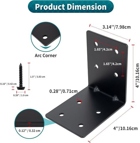4 بوصة × 4 بوصة × 3-1/8 بوصة دعامة زاوية L من الفولاذ شديد التحمل، دعامة دعم 90 درجة للعوارض الخشبية، أرفف البرجولات والأثاث، سمك 0.12 بوصة، أقصى تحميل 160 رطل، 4 عبوات in Kuwait