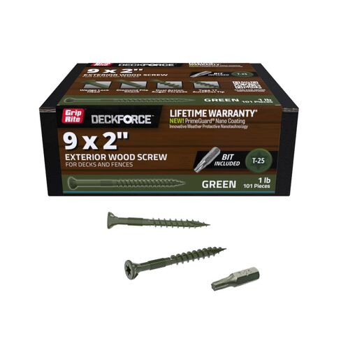 Grip-Rite DeckForce Exterior Wood Screws for Decks and Fences - Nano Coated - T-17 Autopilot Tip - Green Deck Screws - #9 x 2-1 Lb Box - GRDF2STGR1 in Saudi Arabia