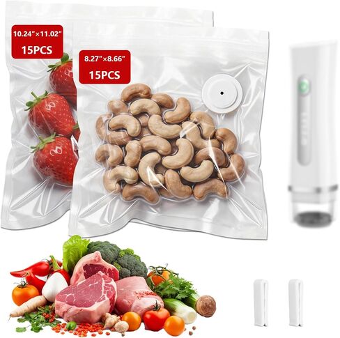 30 عبوة من أكياس تفريغ الهواء القابلة لإعادة الاستخدام من أجل FEPPO، أكياس Sous Vide شديدة التحمل خالية من مادة BPA (15 صغيرة، 15 متوسطة) مع مشبكين للغلق، أكياس تخزين طعام مضادة للتسرب للفريزر والميكروويف وإعداد الوجبات in Kuwait