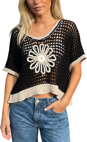 Women Floral Crochet Sweater Short Sleeve Crewneck Hollow Out Lightweight Knit Pullover Tops 2025 Summer Beach Cover Ups in Kuwait