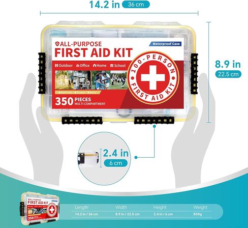 Prelady-350 قطعة من مجموعة الإسعافات الأولية للطوارئ متعددة الأغراض تتسع لـ 100 شخص - علبة بلاستيكية مقاومة للماء | منظمة بشكل واضح للاسترجاع السريع | مثالي للمنزل والعمل ومكان العمل والقوارب والسفر والخارج والسيارة in Kuwait