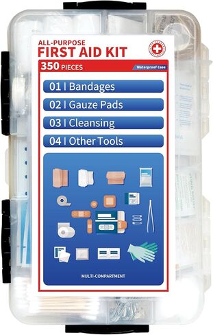 Prelady-350 قطعة من مجموعة الإسعافات الأولية للطوارئ متعددة الأغراض تتسع لـ 100 شخص - علبة بلاستيكية مقاومة للماء | منظمة بشكل واضح للاسترجاع السريع | مثالي للمنزل والعمل ومكان العمل والقوارب والسفر والخارج والسيارة in Kuwait