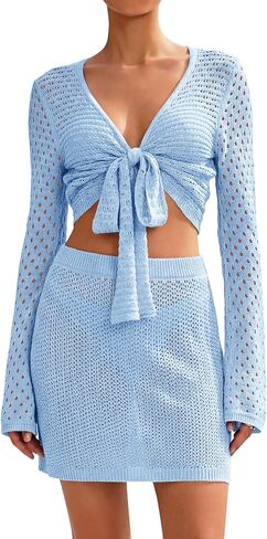 Saodimallsu المرأة الكروشيه السباحة التستر 2 قطعة الخامس الرقبة طويلة الأكمام التفاف التعادل المحاصيل القمم شاطئ بوهو ماكسي التستر مجموعة in Kuwait