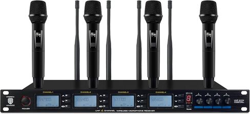 نظام ميكروفون لاسلكي PRORECK UK-4000 UHF ذو 4 قنوات مع أربعة ميكروفونات محمولة، مثالي للكاريوكي المنزلي/التجمعات الصغيرة (UK-4000) in Kuwait
