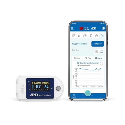 مقياس التأكسج الطبي بأطراف الأصابع بتقنية البلوتوث UP-200BLE من A&D - للاستخدام الرياضي والعافي. مسارات O2، SpO2، النبض. يشتمل على العلبة، والحبل، والبطاريات. متوافق مع iOS/أندرويد. in Saudi Arabia