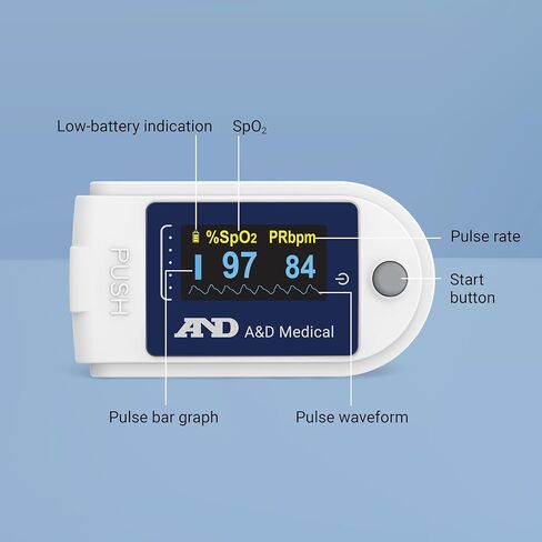 مقياس التأكسج الطبي بأطراف الأصابع بتقنية البلوتوث UP-200BLE من A&D - للاستخدام الرياضي والعافي. مسارات O2، SpO2، النبض. يشتمل على العلبة، والحبل، والبطاريات. متوافق مع iOS/أندرويد. in Saudi Arabia
