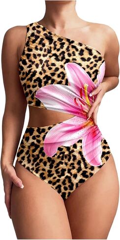 Floerns Women's One Piece Swimsuit One Shoulder Leopard Print Side Cut Out Ruched Bathing Suit in Saudi Arabia