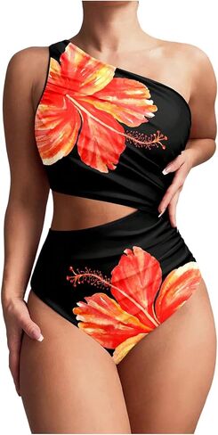 بدلة سباحة نسائية من قطعة واحدة من Floerns بكتف واحد وطبعة جلد الفهد ومكشكشة على الجانب in Kuwait