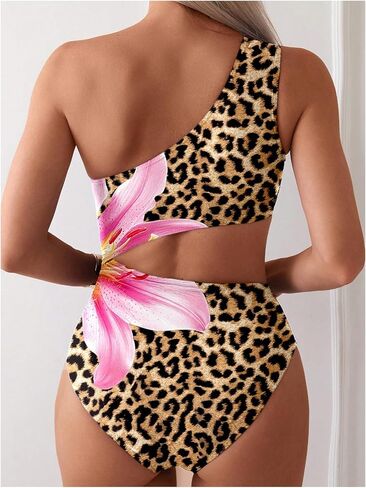 Floerns Women's One Piece Swimsuit One Shoulder Leopard Print Side Cut Out Ruched Bathing Suit in Saudi Arabia