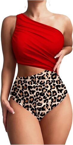 Floerns Women's One Piece Swimsuit One Shoulder Leopard Print Side Cut Out Ruched Bathing Suit in Saudi Arabia