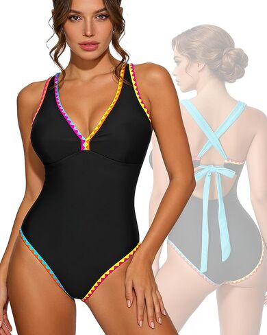 XZI V Neck One Piece Neon Color Block Swimsuit Womens, Low Back Full Coverage Bathing Suit in Saudi Arabia