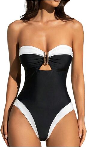 WDIRARA Women's Contrast Trim Strapless One Piece Swimsuit Metal Cut Out Bandeau High Cut Swimwear in Saudi Arabia