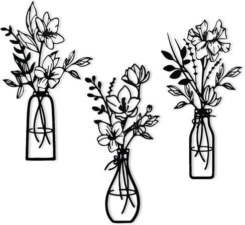 ORGSVNHSE Metal Flower Wall Decor 3 Pcs Black Metal Wall Art Modern Decor Vase for Living Room Kitchen Bathroom Bedroom Cafes in Saudi Arabia