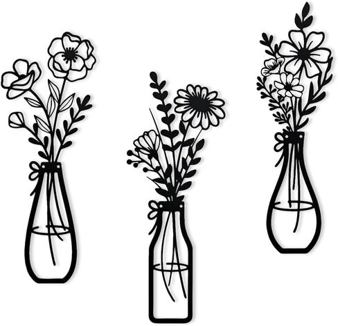 ORGSVNHSE Metal Flower Wall Decor 3 Pcs Black Metal Wall Art Modern Decor Vase for Living Room Kitchen Bathroom Bedroom Cafes in Saudi Arabia