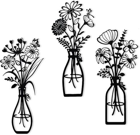 ORGSVNHSE Metal Flower Wall Decor 3 Pcs Black Metal Wall Art Modern Decor Vase for Living Room Kitchen Bathroom Bedroom Cafes in Saudi Arabia