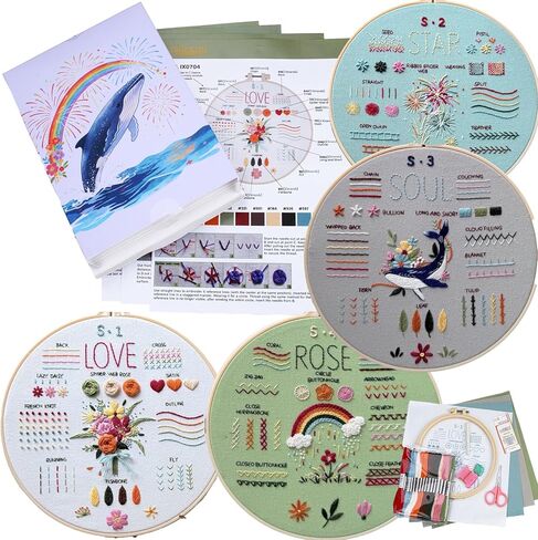 Nalexmi Embroidery Kit for Beginners, DIY Cross Stitching Kit with Stamped Flower Patterns, 4 Pack, Includes Hoop-1, Tools, Threads, Needles, Instructions in Saudi Arabia