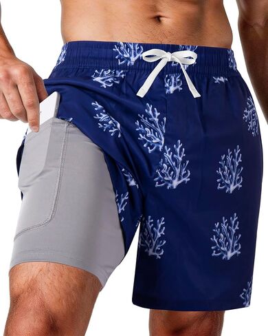 شورت سباحة للرجال، 2 في 1 شورت سباحة، شورت شاطئ سريع الجفاف مع جيوب وبطانة ضاغطة، ملابس سباحة in Kuwait