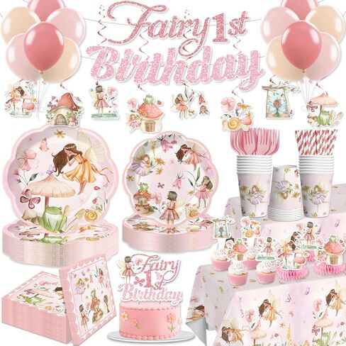 201 Pcs Fairy First Birthday Decorations, Fairy Party Plates and Napkins Set Fairy Banner Balloons Cake Cupcake Toppers Table Cloth Fairytale Garden 1st Birthday Decorations Girl in Saudi Arabia