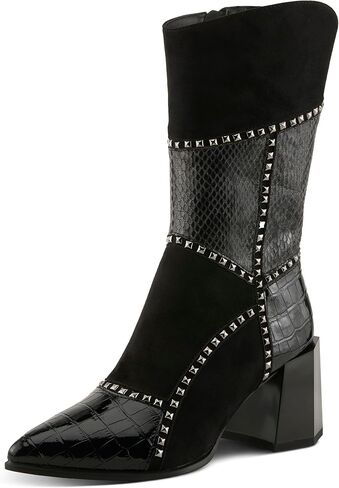 Azura Women's ZAYRINA Mid-Shaft Leather Boots with Animal Print, Stud Details, and Zipper Closure in Kuwait