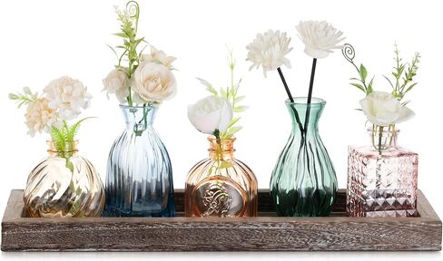 Glasseam Glass Bud Vases for Flower: 5 Colorful Small Vases Set with Rustic Wooden Tray for Home Office Living Room Bathroom - Vintage Table Centerpieces for Birthdays Wedding Housewarming Gifts in Saudi Arabia
