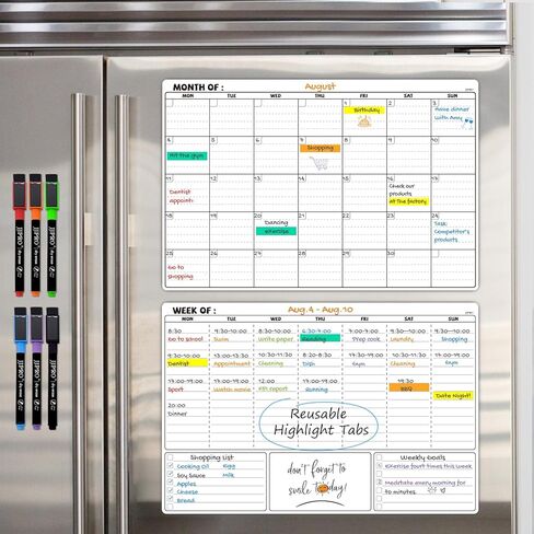 JJPRO Magnetic Dry Erase Calendar for Refrigerator-Reusable Monthly Calendar,Weekly Planner&To Do List for Fridge-Magnetic Monthly,Weekly Planner&List 2pcs-Starts Sunday-16.5x11" in Saudi Arabia
