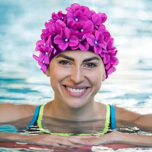 POPETPOP Flower Swim Cap for Women with Widened Ear Cover Handmade Petal Design Hair Protection Bathing Cap for Swimming and Sunscreen Comfortable Purple Turban Style in Saudi Arabia