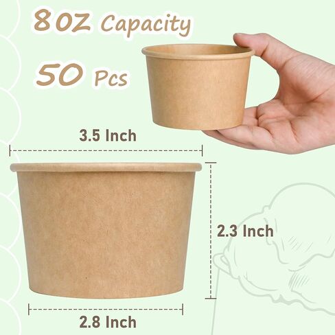 ESSENTIAL Paper Ice Cream Cups, 50pcs 8oz Disposable Dessert Bowls for Hot or Cold Food, Lids Not Included, Paper Snack Containers for Sundae, Frozen Yogurt, Soup (Brown) in Saudi Arabia